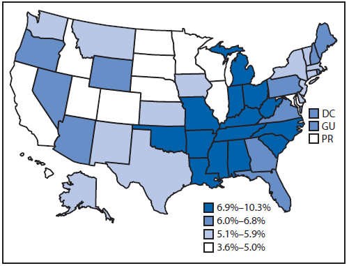 The figure above is a map of the United States showing age-adjusted prevalence of chronic obstructive pulmonary disease (COPD) among adults aged ≥18 years during 2013. State-specific prevalence of COPD ranged from 3.6% in Puerto Rico and 4.0% in Minnesota and South Dakota to >9% in West Virginia (9.4%), Alabama (9.6%), and Kentucky (10.3%). COPD prevalence was highest for states along the Ohio and lower Mississippi rivers.